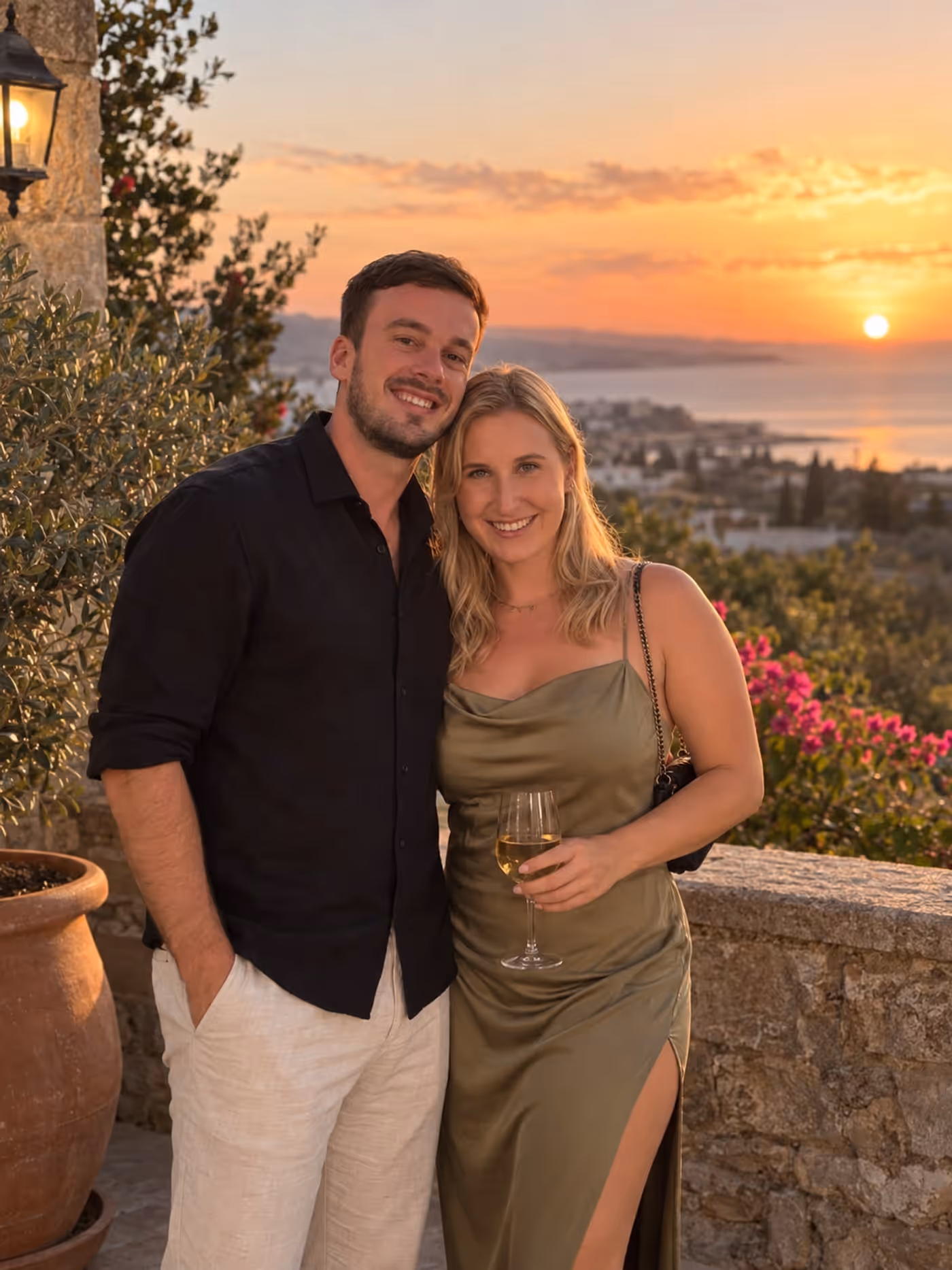 The two of us on a terrace above Paphos, the coast at sunset behind us