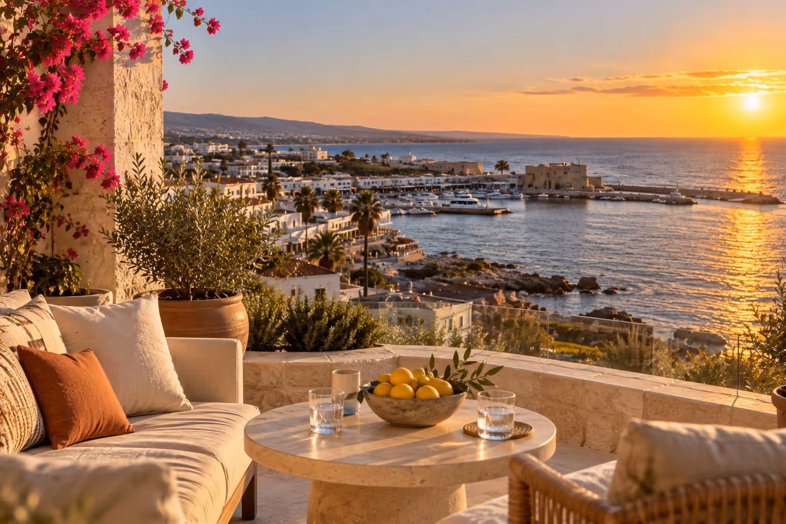 Bright terrace of a holiday apartment in Paphos overlooking the Mediterranean in the late afternoon